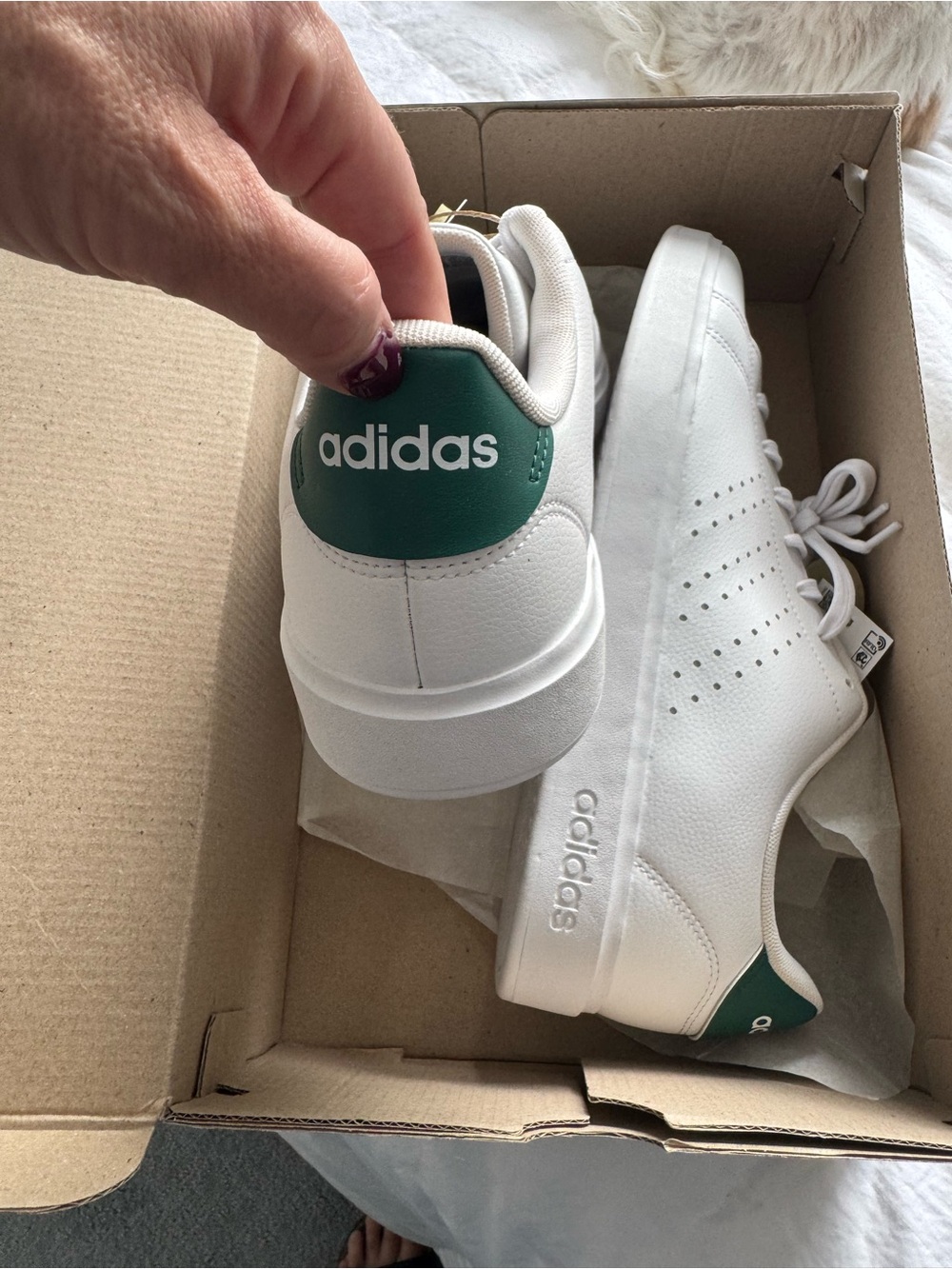 adidas White Leather Sneakers with Green Heel Patch